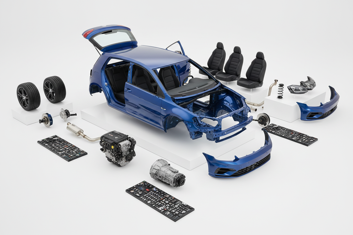 A VW GOLF R SHELL WITH ALL THE PARTS AWAY FROM THE CAR